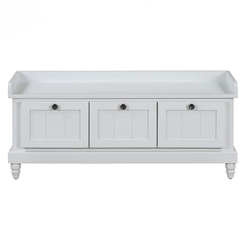 Classic Shoe Bench with Cushion and Three Drawers, Fluted Entryway Bench with Storage for Living Room, Entryway, and Hallways