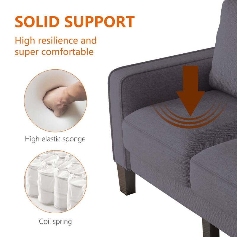 Living Room 3-Seater Sofa, 75" Dark Grey Living Room Couch for 3, Upholstered Loveseat Sofa with Solid Wood Legs