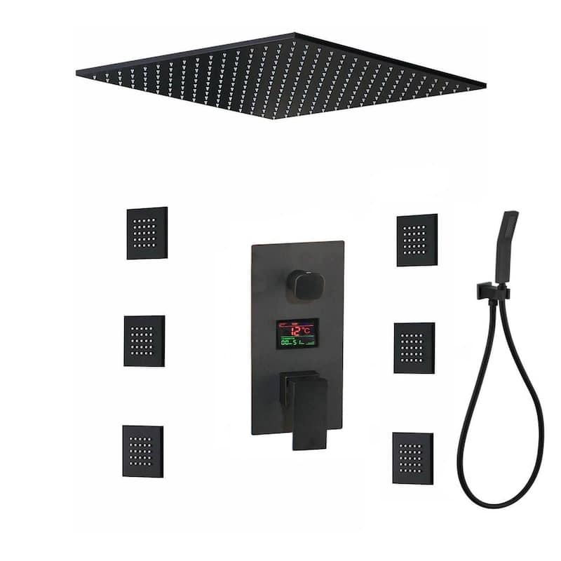 matte black ceiling mounted 20 inch s rain head 3 way digital display anti scald shower system - 7'6" x 10'9"
