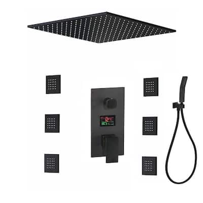matte black ceiling mounted 20 inch s rain head 3 way digital display anti scald shower system - 7'6" x 10'9"