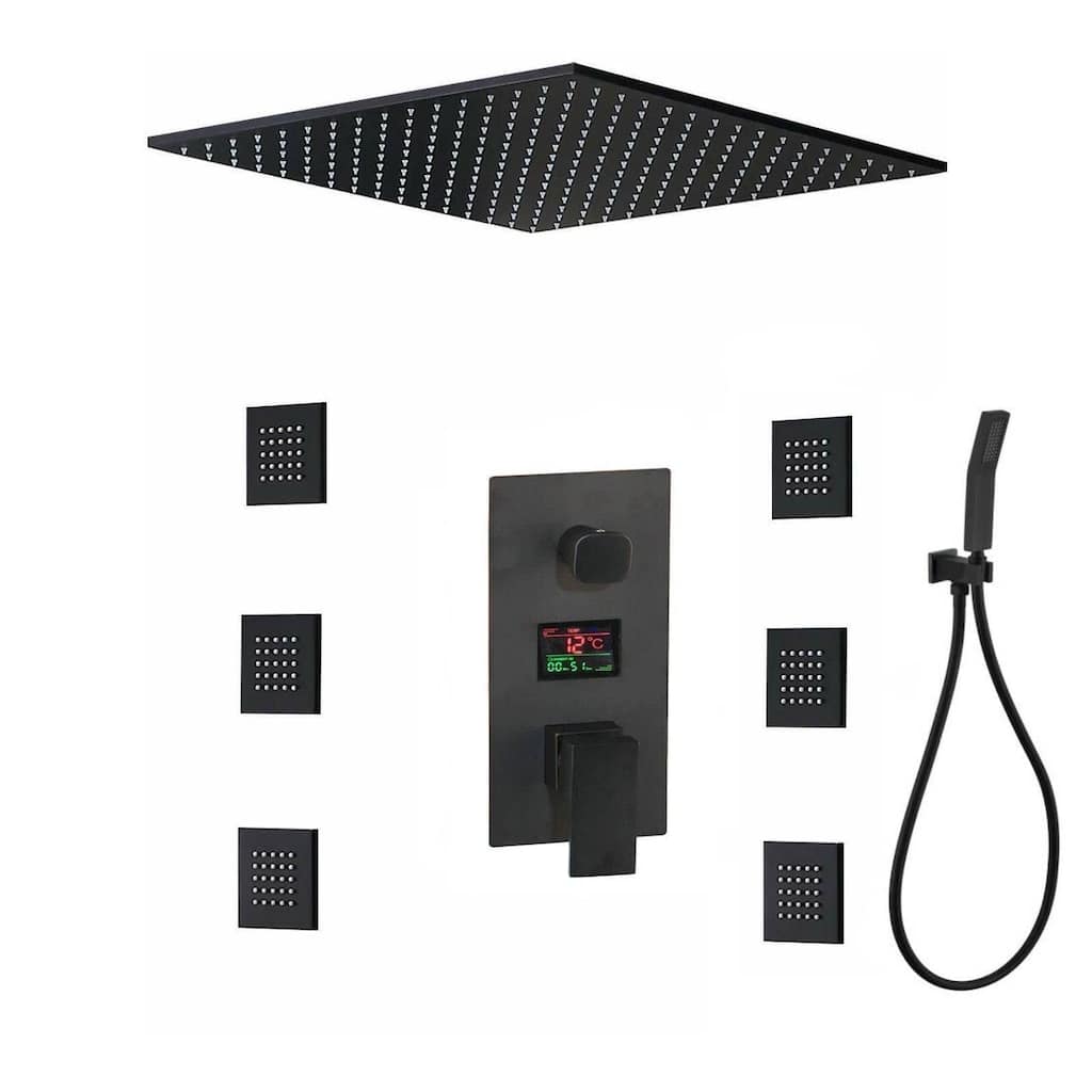 matte black ceiling mounted 20 inch s rain head 3 way digital display anti scald shower system - 7'6" x 10'9"