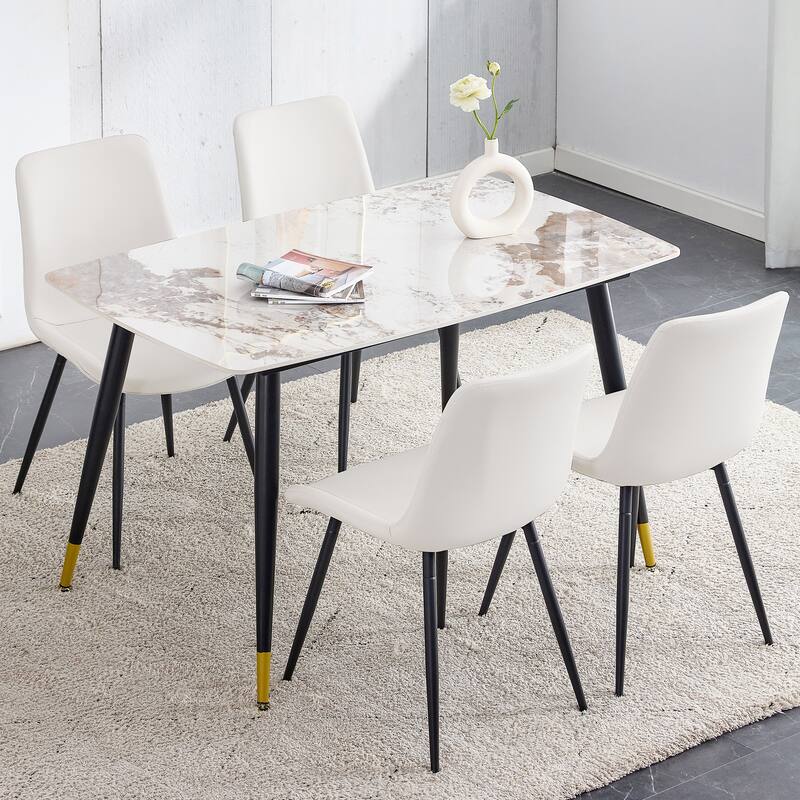 48.4" 5-Piece Sintered Stone Dining Table Set with 4 PU Chairs, Curved Widened Cushions, Pandora Patterned Rock Slab Desktop - White Marble,White+Black
