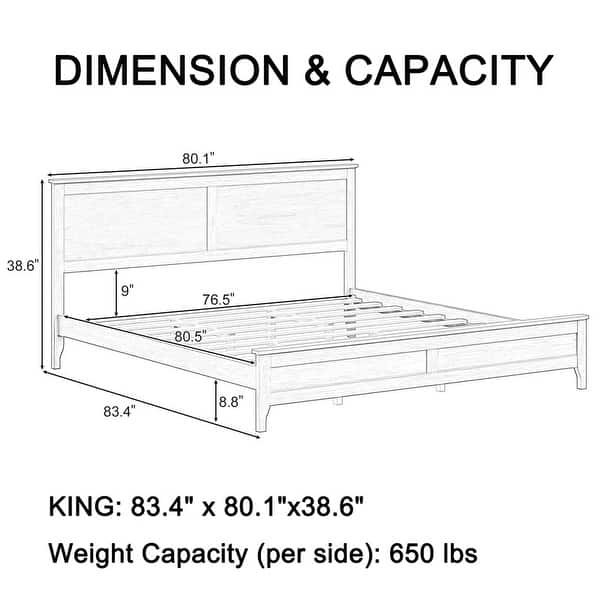 dimension image slide 3 of 9, Modern Style, Solid Wood Bed Frame with MDF Headboard and Footboard