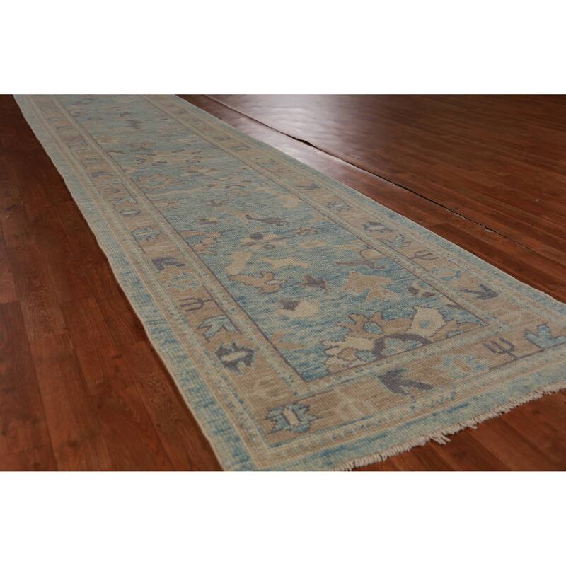 Hand Knotted Oriental 100% Wool Carpet Transitional Floral Navy Blue & Blues Oushak Runner Rug - 17' 2'' X 3' 4''
