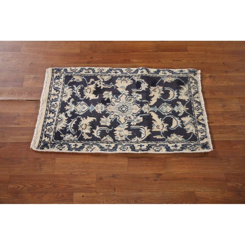 Blue Traditional Nain Persian Vintage Area Rug Handmade Wool Carpet - 1'9"x 2'10"