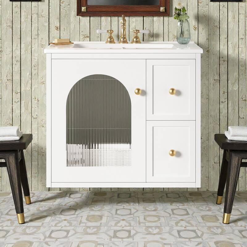 24 Inch Wall Mounted Bathroom Vanity with Ceramic Sink, Small Space Vanity Cabinet with Drawers and Door