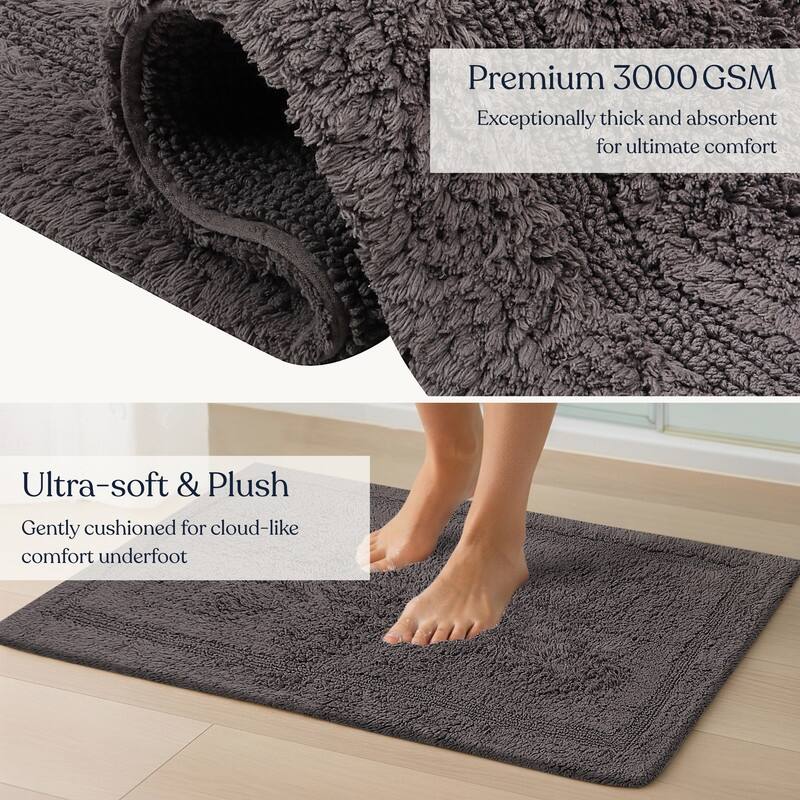 Delara Organic Cotton Reversible Bath Mat, 3000 GSM, GOTS Certified, Ultra-Thick & Super Absorbent, Quick-Drying Bathroom Rug