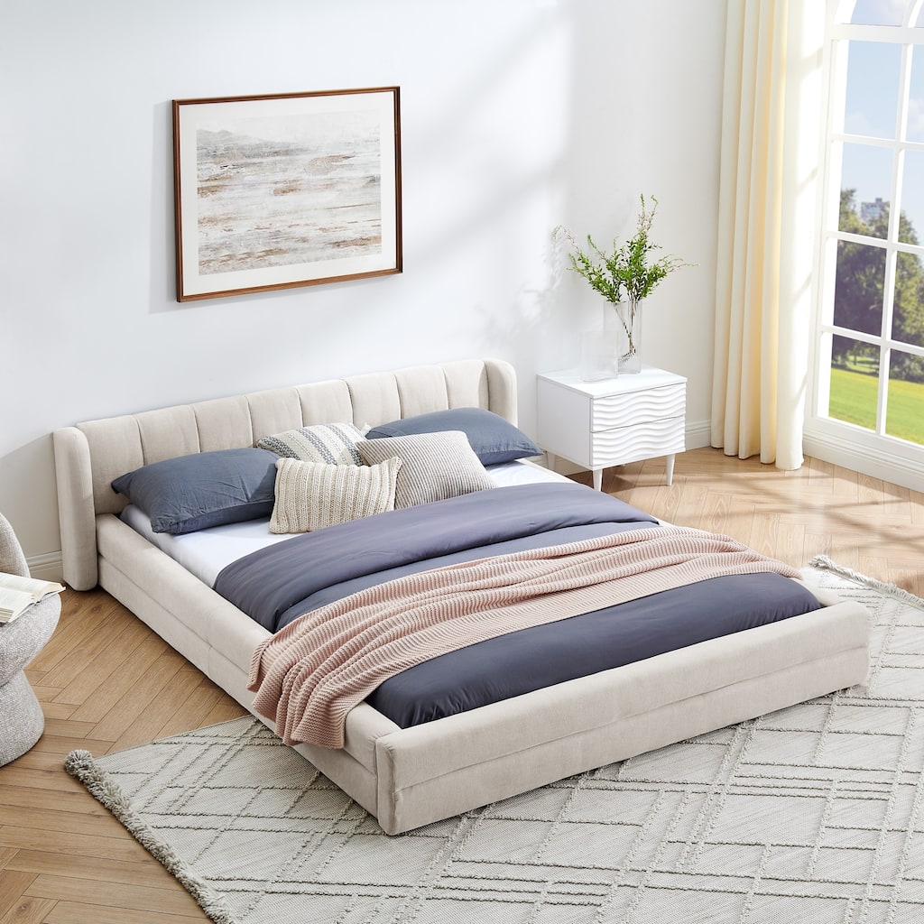 Queen Upholstered Platform Bed with Headboard - Thick Chenille Fabric, Modern Design, Beige (87''x67''x23.5'')