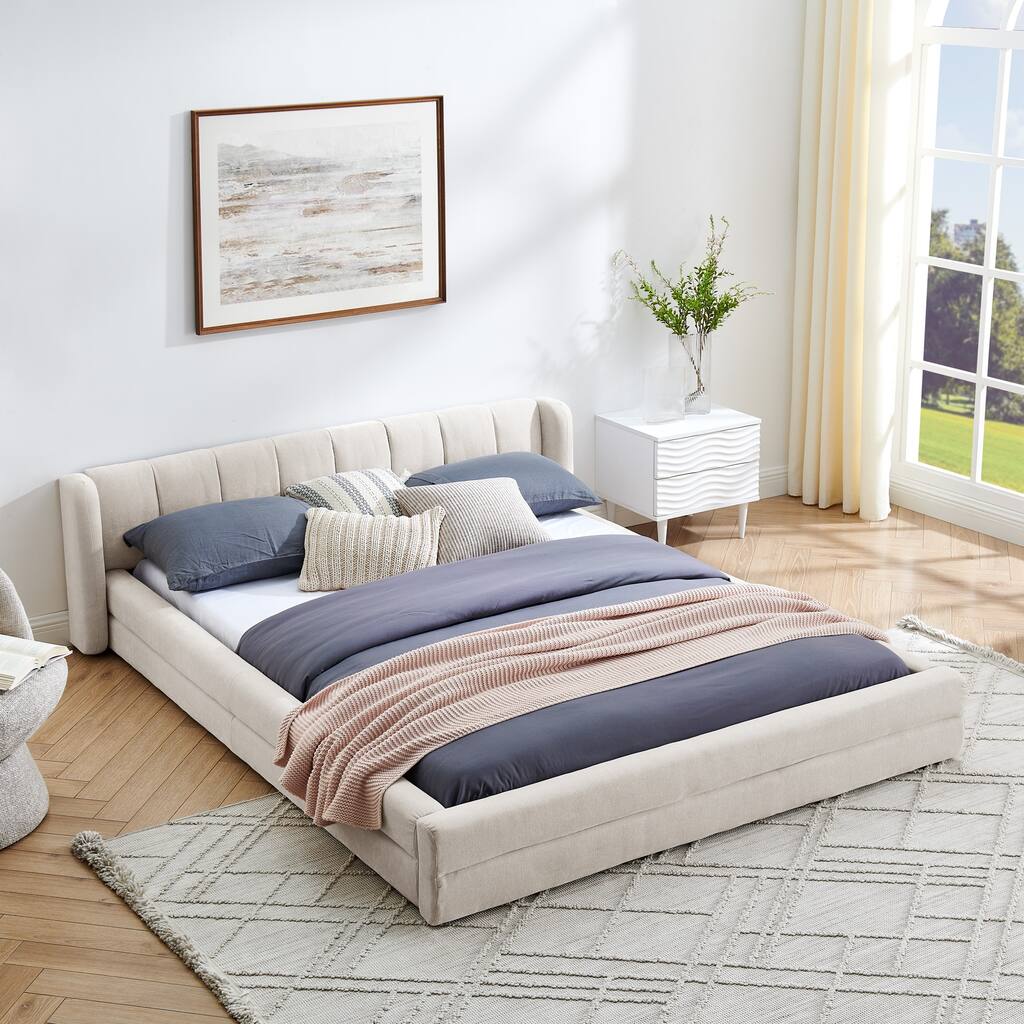 Roomfitters Queen Upholstered Chenille Fabric Low Platform Bed with Rounded Headboard, Solid Frame