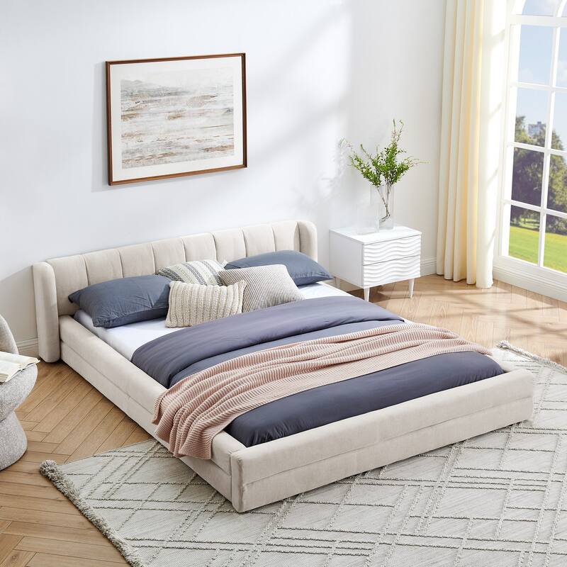 Roomfitters Queen Upholstered Chenille Fabric Low Platform Bed with Rounded Headboard, Solid Frame - Beige - Queen
