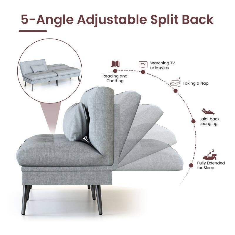 Grondin Convertible Futon Sofa Bed, 5-Angle Adjustable Backrest Sleeper Couch with 2 Pillows, Modern Style Recliner Lounge