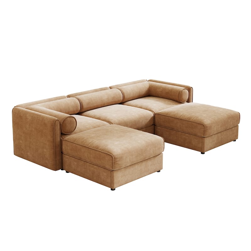 109" U-Shaped 3-Seater Chenille Sofa with Ottoman and Hidden Storage(Cylindrical Backrest Design)