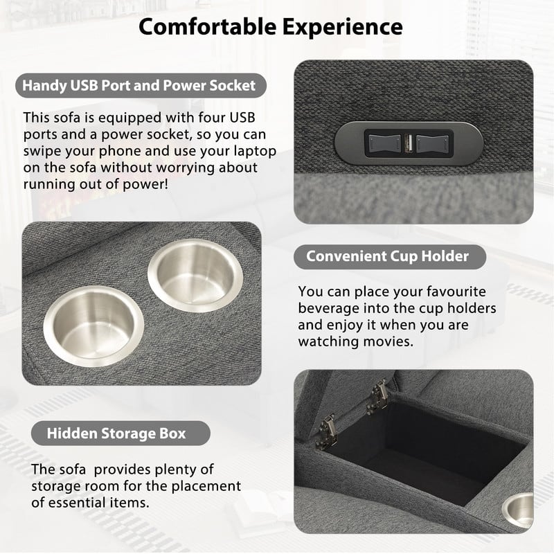 Modern Upholstered Power Reclining Sofa with Storage Box, Cup Holders, USB Ports and Power Socket