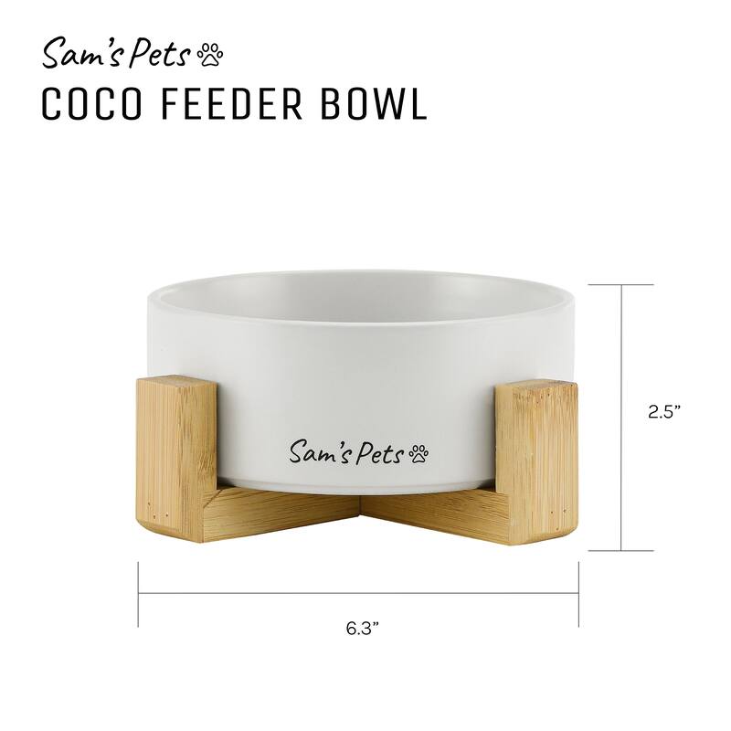 Coco Single Pet Bowl with Wood Stand 5.11'' in White - 6.3