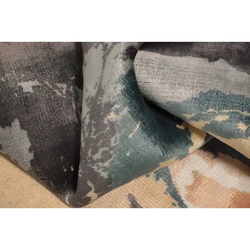 Hand Knotted Oriental Viscose Silk Carpet Modern Pictorial Greys & Charcoal Abstract Area Rug - 7' 9'' X 5' 6''