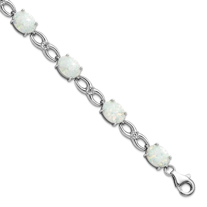 Curata 925 Sterling Silver 7.25" 5mm Rhodium-plated White Simulated Opal and Cubic Zirconia Bracelet