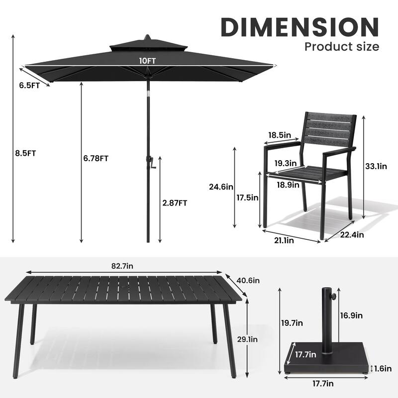 11-Piece Patio Dining Set w/10 ft Umbrella and Base, Rectangle Aluminum Table and 8 Stackable Chairs