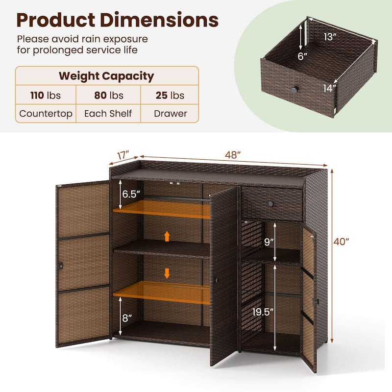 Costway Outdoor PE Wicker Storage Cabinet with 3 Doors Adjustable - See Details