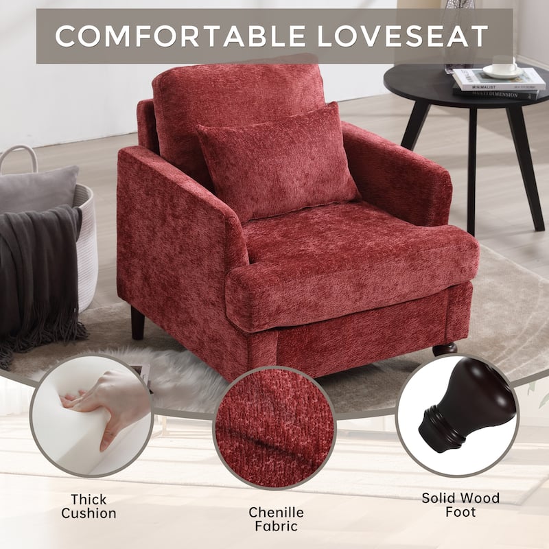 Wine Red Modern 29.53" Chenille Upholstered Arm Chair with Solid Wood Frame and Pillows