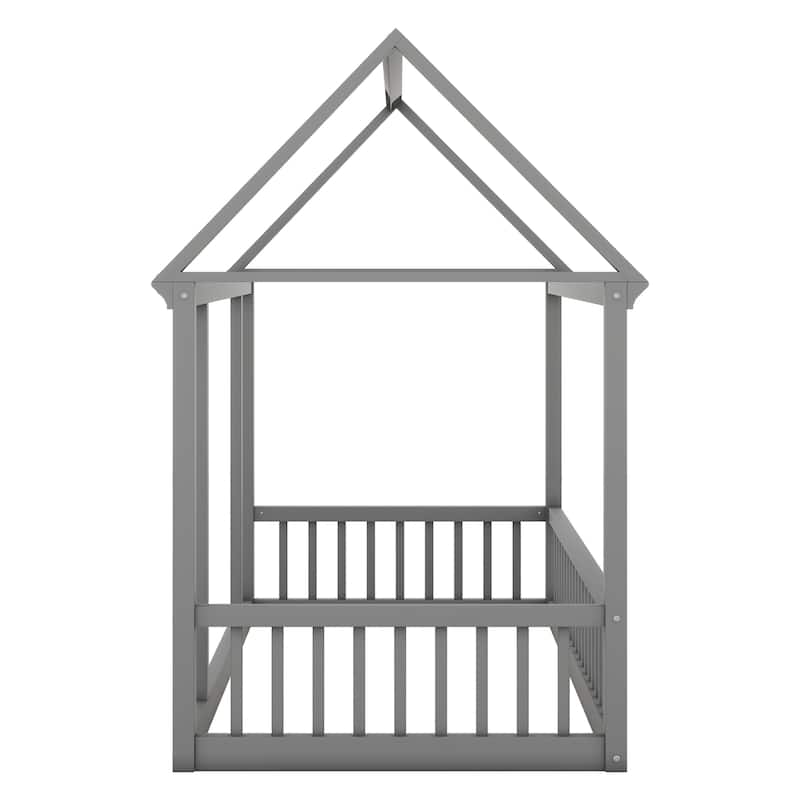 Pine Wood Floor Bed with House Roof Frame and Safety Guardrails