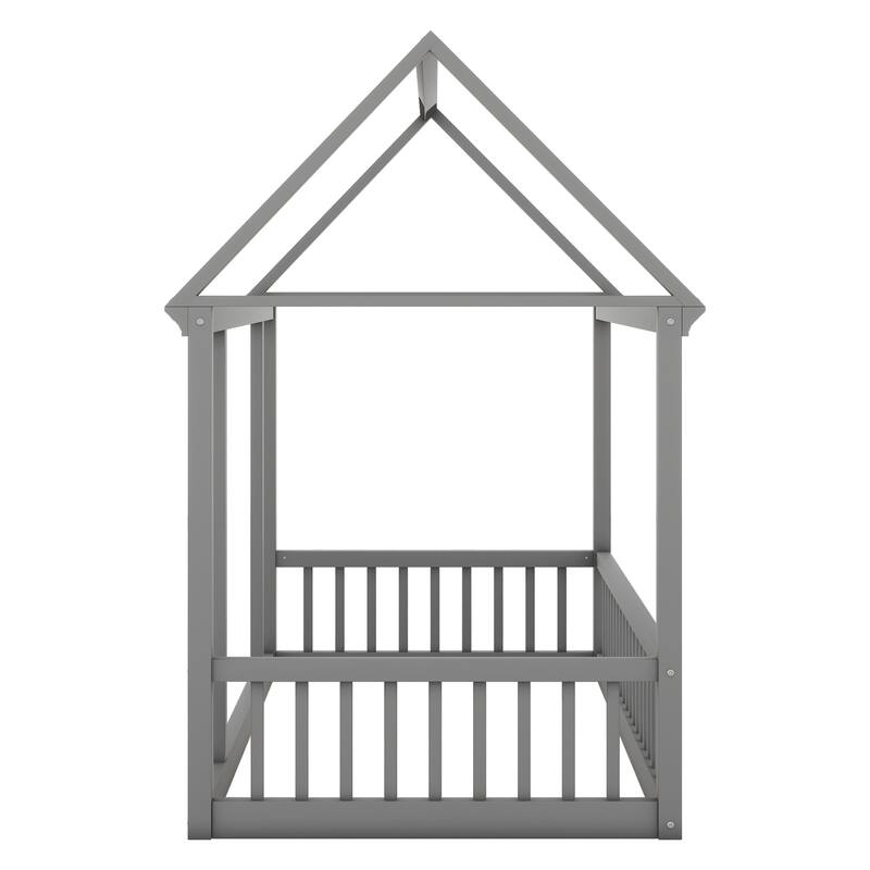 Twin/Full Size Floor Bed with Wooden House Roof Frame and Safety Guardrails for Children's Bedrooms, Small Space