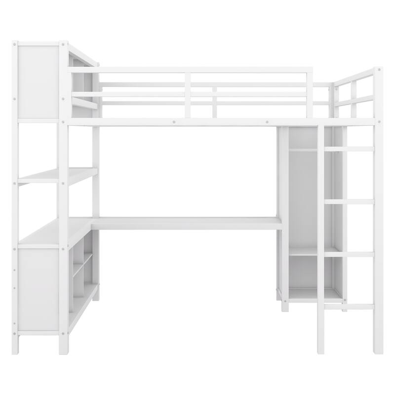 Full Size Metal Loft Bed with Wardrobe And L-shaped Desk, Storage Cubes and Shelves for Kids, Teens, Adults
