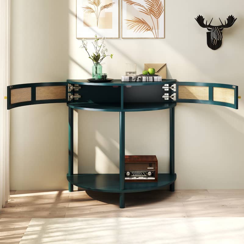 Homy Casa 31.5" Demi-Lune Console Table with 2 Drawers & Shelf, Wave-Pattern Front, Solid Wood Legs, Multiple Colors