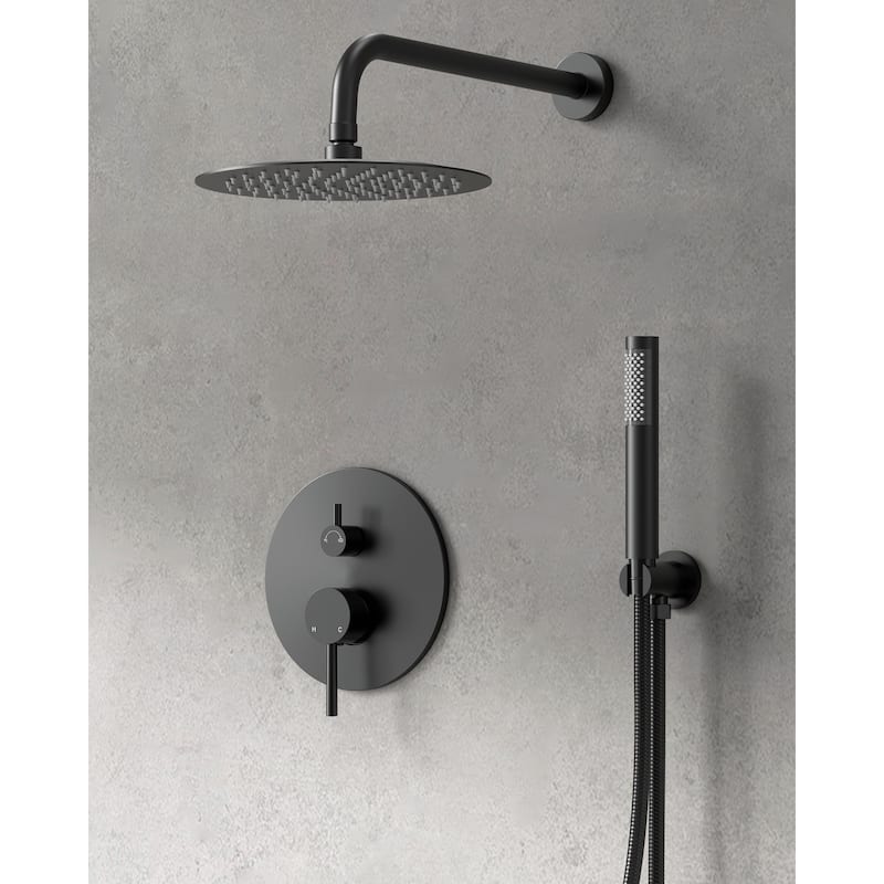 GRANDJOY Shower System 10 inch Wall Mount Rain Shower Head with Handheld Spray Combo Round - Matte Black