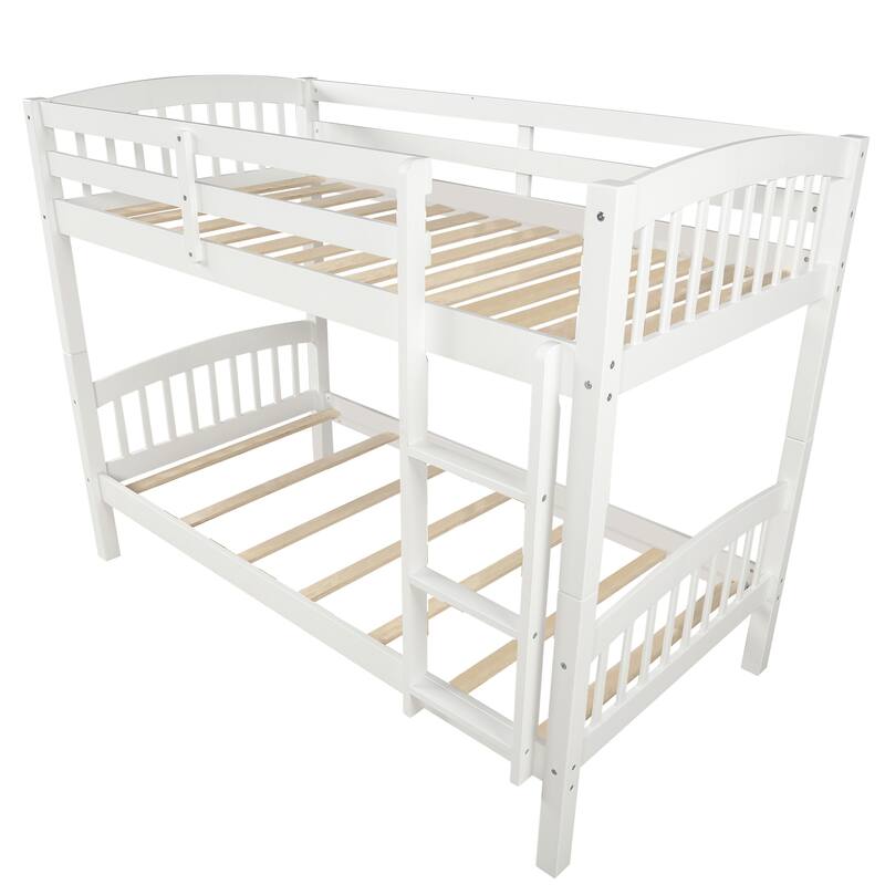 Modern White Twin Over Twin Bunk Bed with Ladder and Full-Length Guardrail, Solid Pinewood, No Box Spring Needed