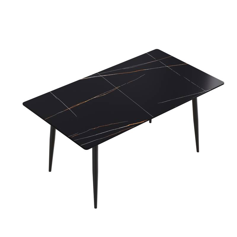 Rectangle Marble Dining Table Set for 6 With Metal Black Legs