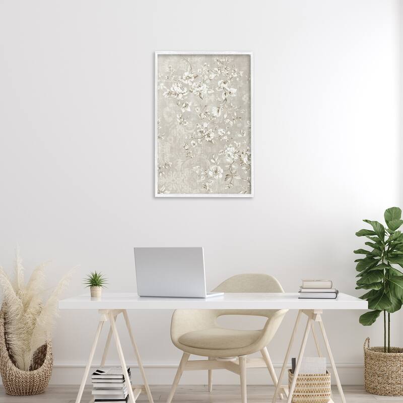 Stupell White Flowers over Damask Framed Giclee Art Design By LSR Creative Studio