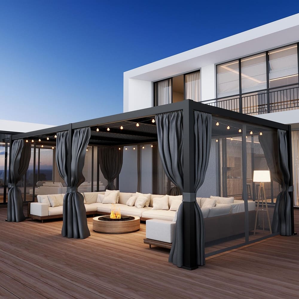 COSIEST 10'x20' Hardtop Pergola with Adjustable Roof, Netting & Curtains