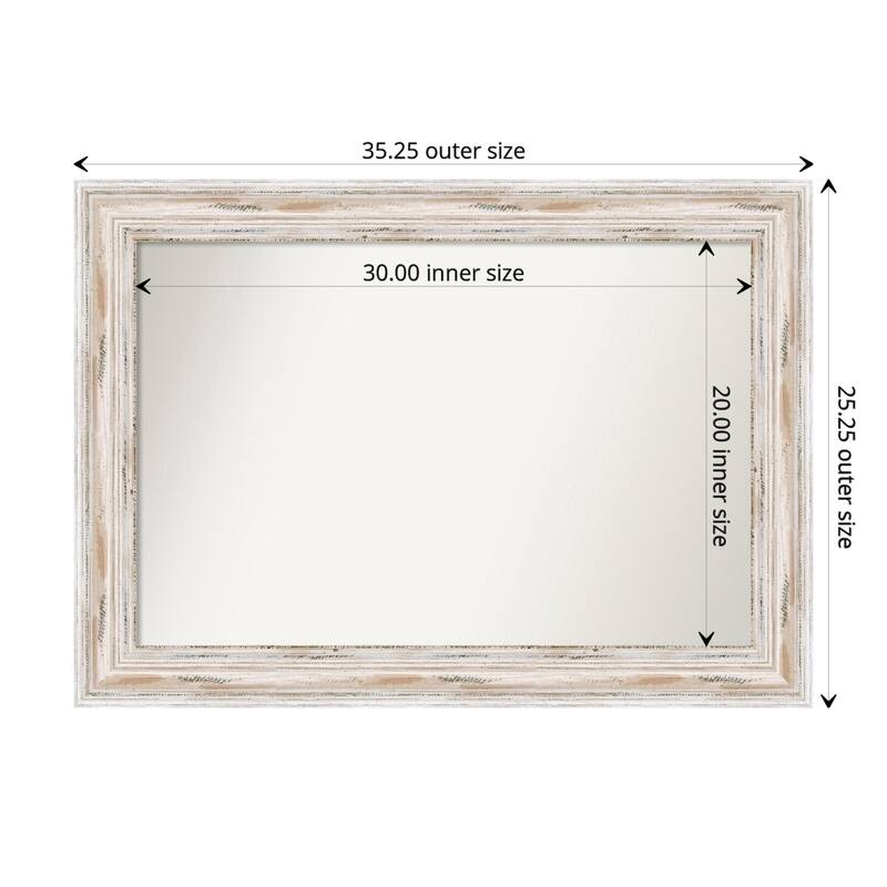 Alexandria White Wash Framed Non-Beveled Custom Wall Mirror, Bathroom Vanity Mirror - Outer Size: 35.25 x 25.25