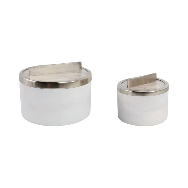 Elegant Round Decorative Box with Metal Lid - Set of 2, 7", 5", White - 7.0"