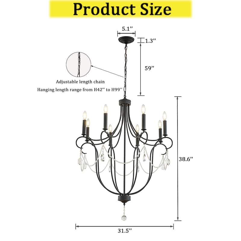 CraftHome 8-Light Modern Black Mid-Century Modern Candle Crystal Chandelier Vintage For Living Room Dining Room - W32''