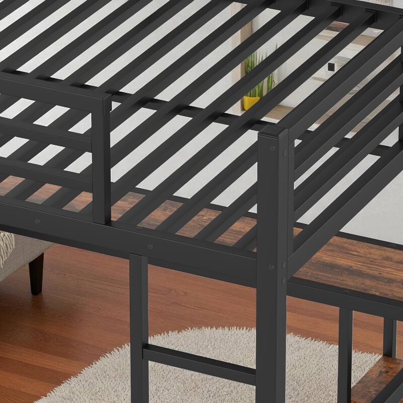 Queen Size Metal Loft Bed with Desk, Wardrobe, and Storage Shelves, Space-Saving Workstation Loft Bed Frame