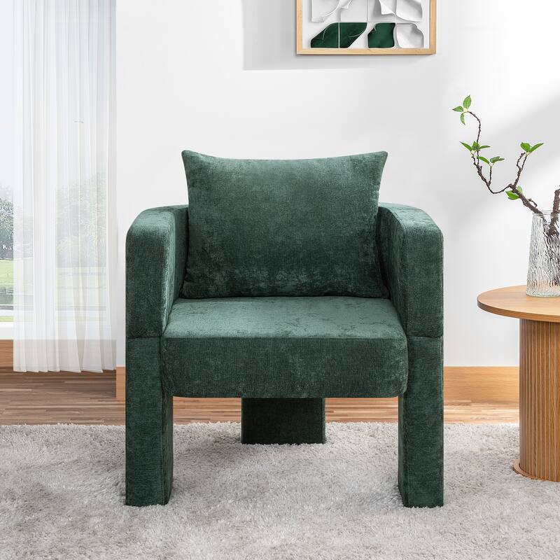 Modern 3-Leg Chenille Accent Chair with Ergonomic Arms & Removable Pillow, Plush Small Space Armchair, Single Sofa Chair - Dark Green