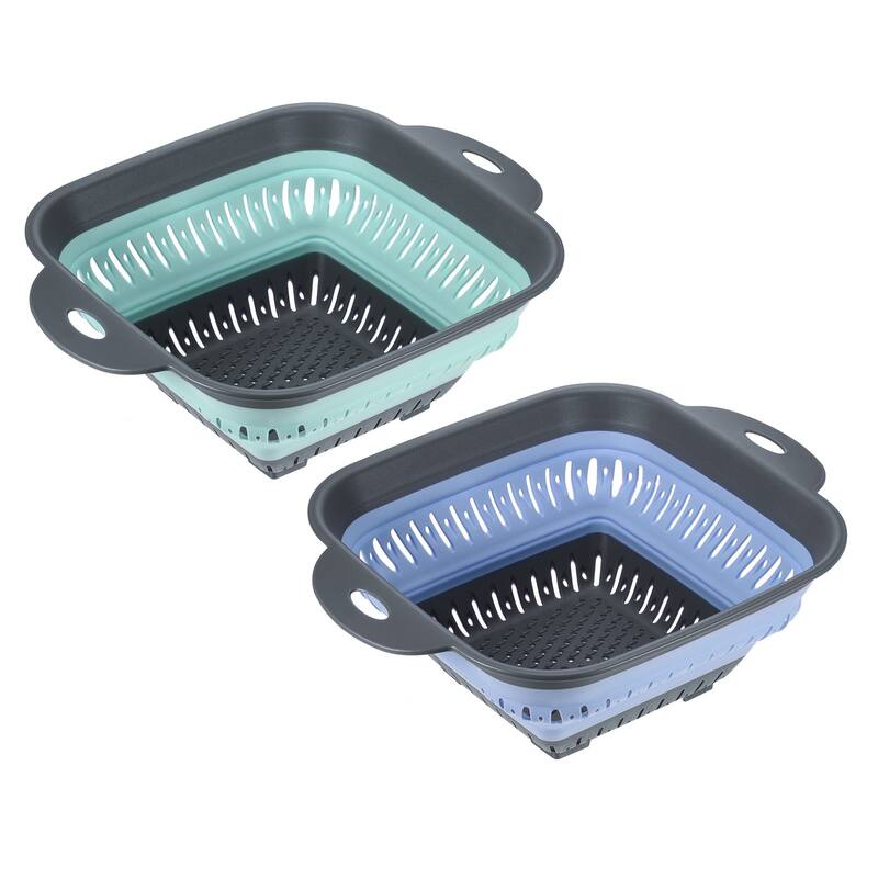 2pcs Foldable Silicone Colander Fruit Vegetable Washing Basket-Green+Blue - Green+Blue