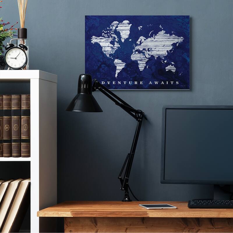 Stupell Adventure Awaits Sentiments Navy Blue World Map Canvas Wall Art
