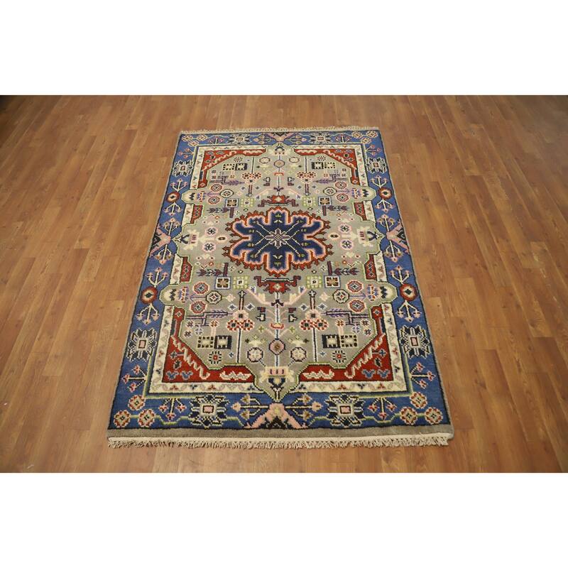 Hand Knotted Oriental 100% Wool Carpet Traditional Geometric Beige & Ivories Kazak Area Rug - 5' 10'' X 4' 0''