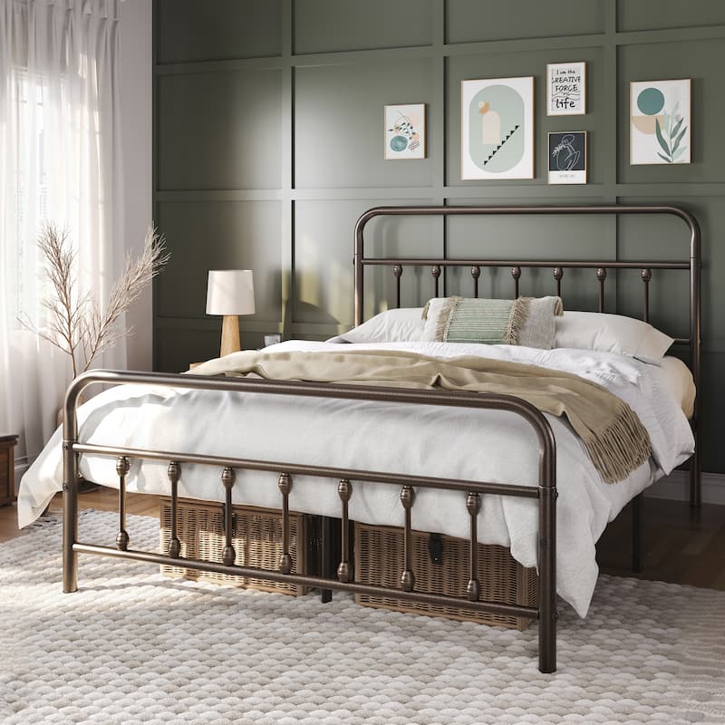 Yaheetech Classic Iron Platform Bed with High Headboard and Footboard Strong Metal-Framed Bed - Bronze - Queen