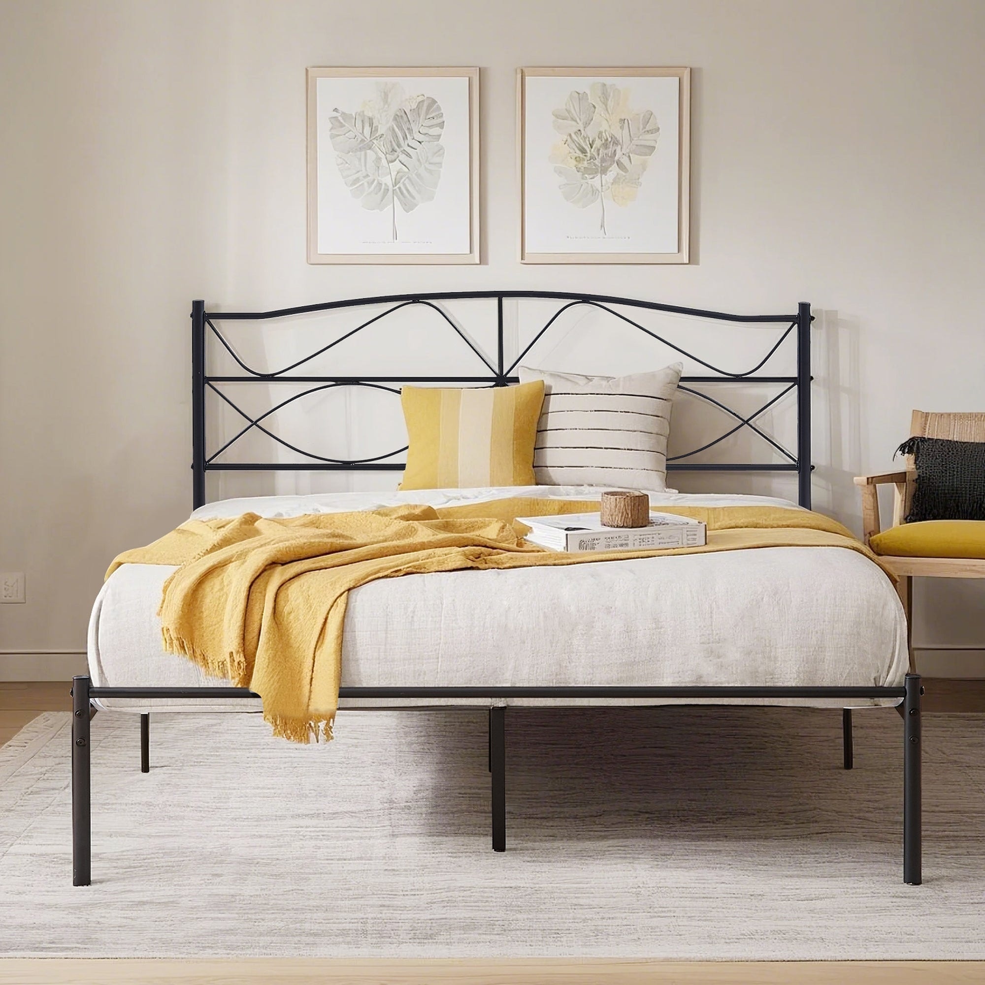 VECELO Wave Design Metal Bed Frame with 12.6" Underbed Storage High Headboard Industrial Platform Bed