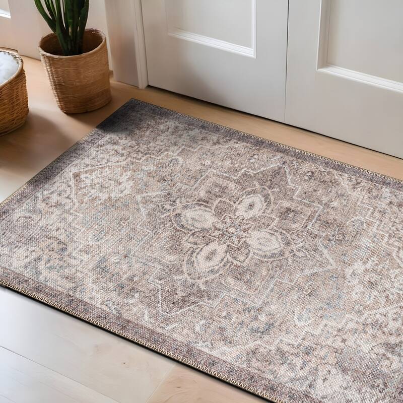 Beige Floral Medallion Washable Rug - Low Pile, Non-Slip - Beige - 2' x 3'