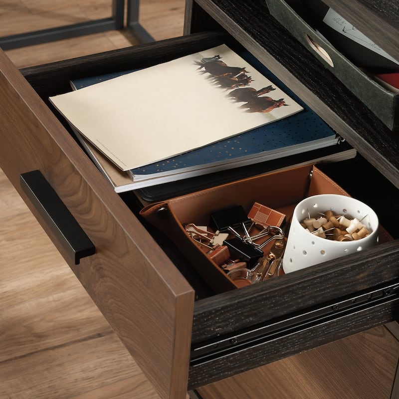 Brown L-Shaped Desk with 2 Drawers and Storage Cubby Home Office Workstation