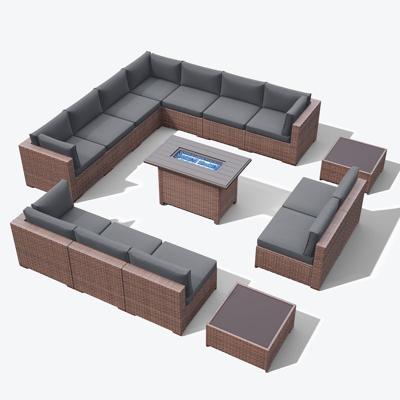 15 Piece Wicker Set Patio Sofa Furniture with Fire Pit And Table