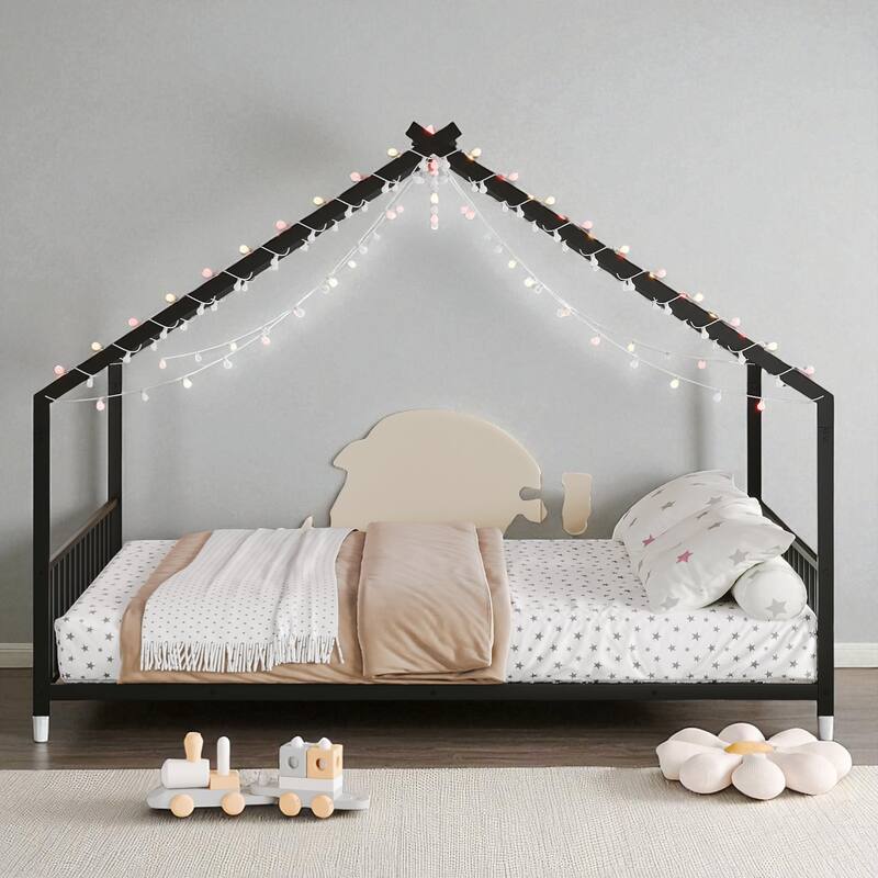 Twin/Full Size Kids Roof-Shaped Metal Bed Frame with Colorful LED Lights, Low Profile Design, 350 lb Capacity