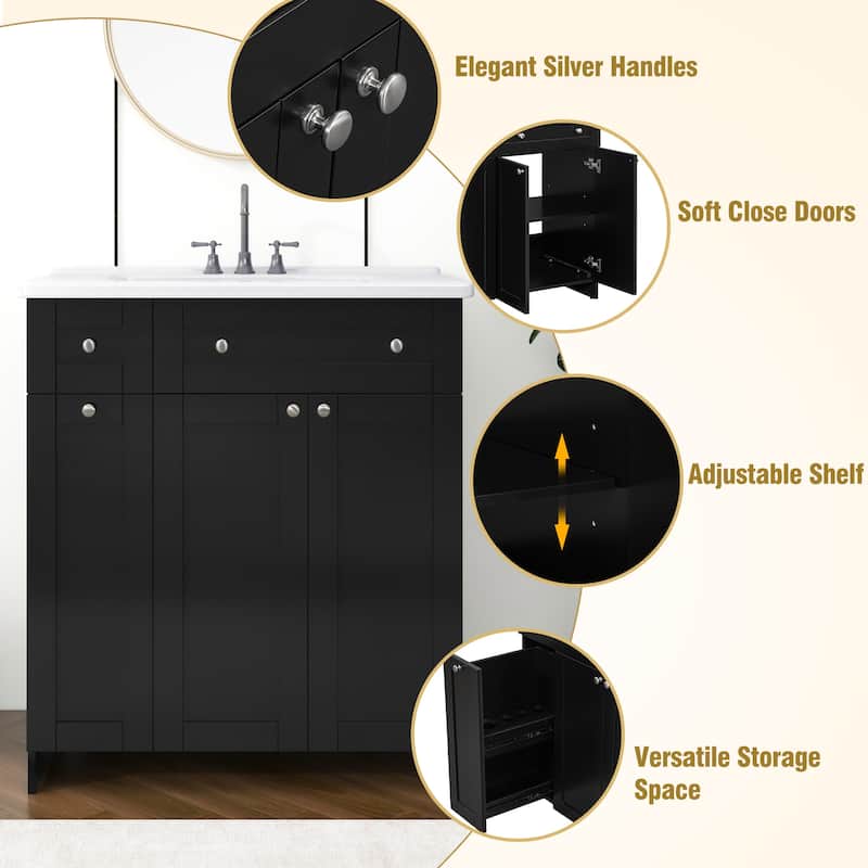 30" Black Bathroom Vanity with Ceramic Sink Combo, Abundant Storage Cabinet - 2 Soft-close Doors and Double-tier Deep Drawer