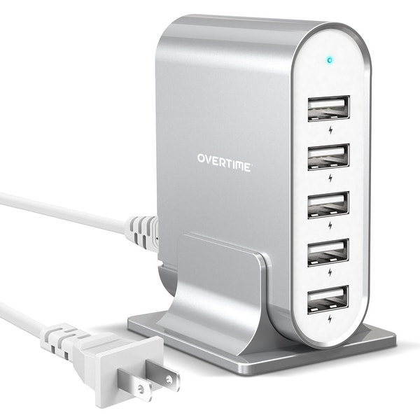 Overtime 5 Port USB Desktop Charging Station, Travel USB Hub - Silver. Opens flyout.