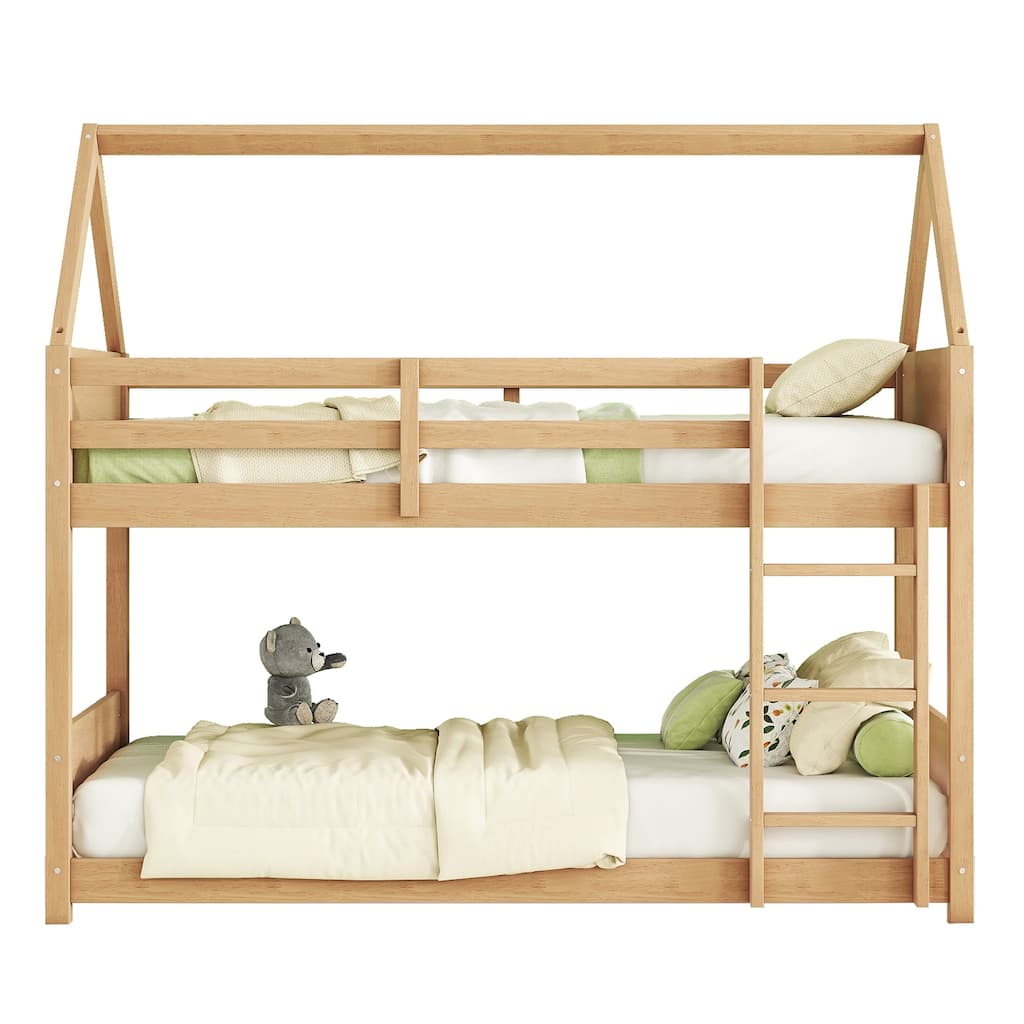 House-Style Twin Over Twin Bunk Bed with Headboards, Footboards, Guardrails, Ladder, Rubber Wood Construction