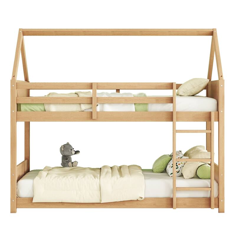 Twin Over Twin House Floor Bunk Bed with Headboards, Footboards, Guardrails, and Ladder, White Oak
